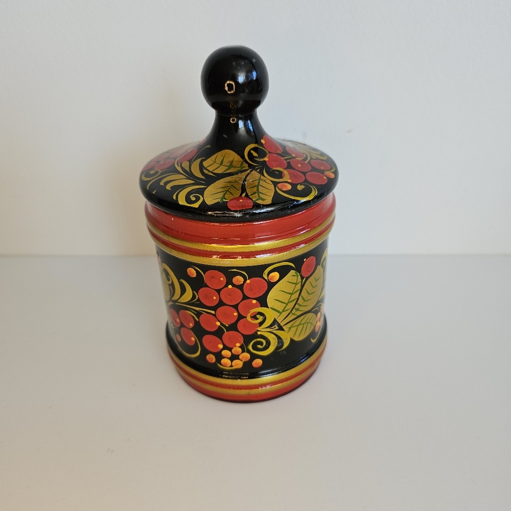 Lacquered Lidded Wood Box Jar Canister Hand Painted Khokhloma Russian Folk Art